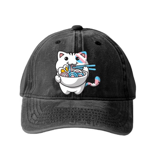 Transgender Pride Kawaii Cat Ramen Noodles Trans F Washed Denim Baseball Caps