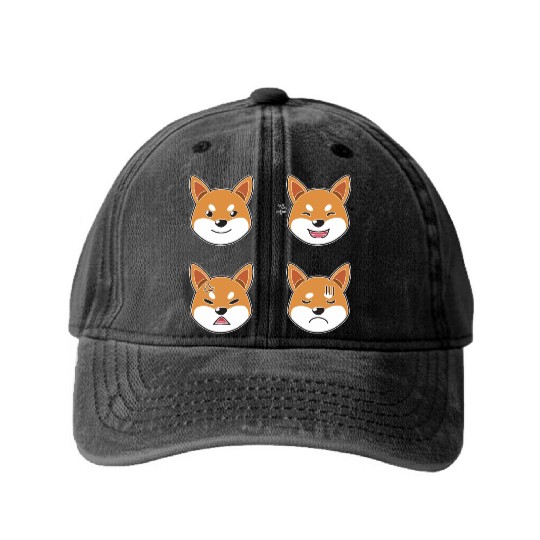 Funny Shiba Inu Dog Cartoon Faces Washed Denim Baseball Caps
