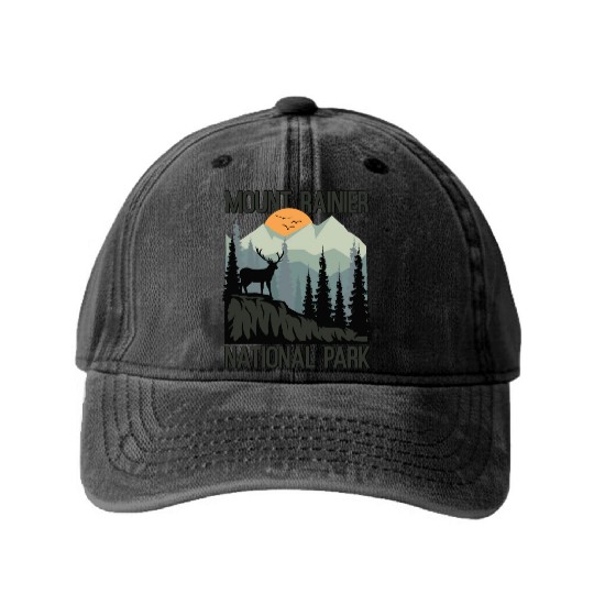 Mount Rainier National Park Mountains Deer Washed Denim Baseball Caps