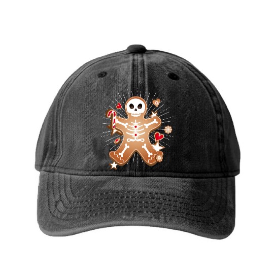 Gingerbread man Sugar Skull decor for Christmas Washed Denim Baseball Caps