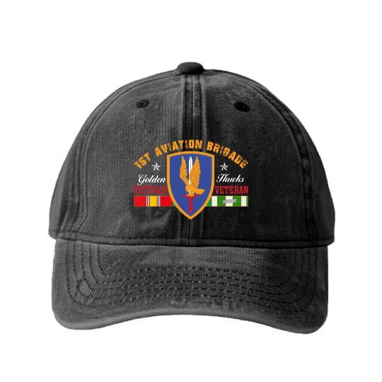1st Aviation Brigade Vietnam Veteran Golden Hawks Washed Denim Baseball Caps