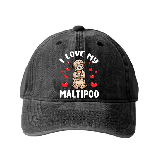 Maltipoo Dog With Stuffed Animal Washed Denim Baseball Caps