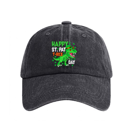 Happy St Pat T-Rex Saint Patrick's Day Dinosaur Bo Washed Denim Baseball Caps