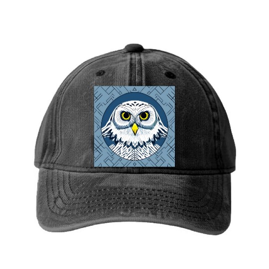 Pop Art Snowy Owl Face Washed Denim Baseball Caps