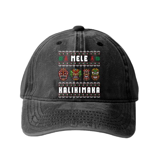 Mele Kalikimaka Hawaii Tiki Funny Ugly Christmas Washed Denim Baseball Caps