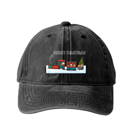 Christmas Steam Train Santa Snowman Tree Washed Denim Baseball Caps