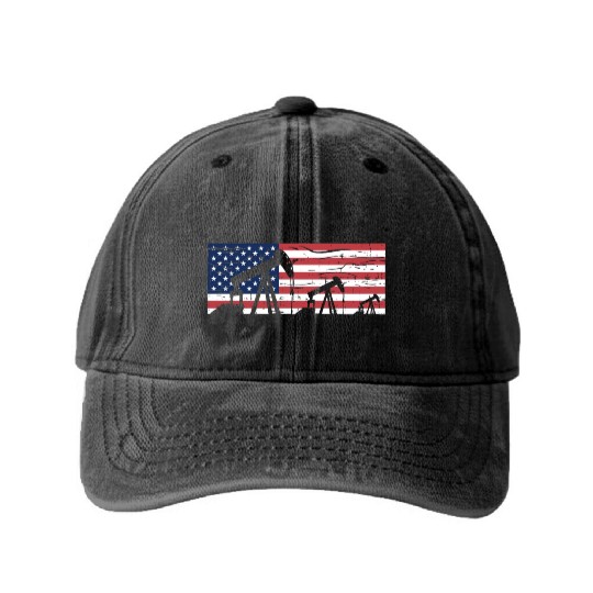 US American Flag Oilfield Oil Field Rig Refinery W Washed Denim Baseball Caps