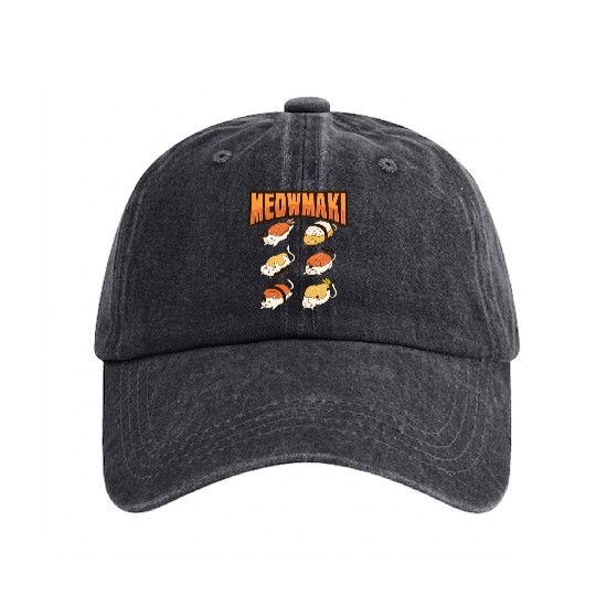 Cat Sushi Meow Design for a Cat Lady or Cat Mom Washed Denim Baseball Caps