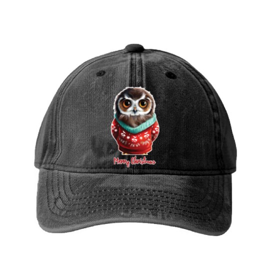 Owl in a sweater with the words Merry Christmas Washed Denim Baseball Caps