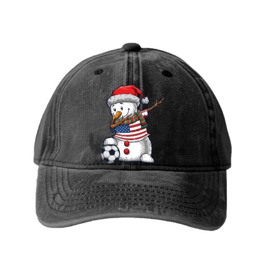 Soccer Boy Dabbing Snowman Christmas Jersey Washed Denim Baseball Caps