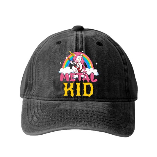 Guitar Unicorn Rainbow Metal Music Heavy Rock Washed Denim Baseball Caps