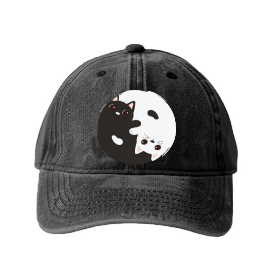 ying yang cat Washed Denim Baseball Caps
