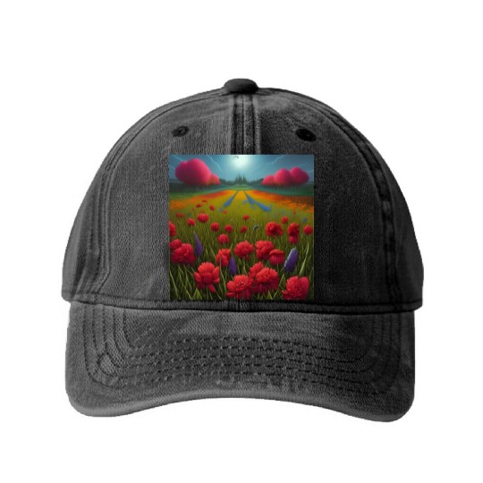 Beautiful Flowers along the Field Road Horizon Washed Denim Baseball Caps