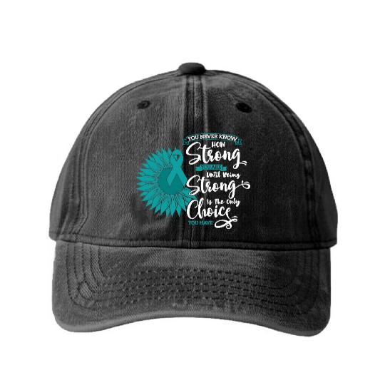 Cervical Cancer Awareness Month Teal Sunflower Washed Denim Baseball Caps