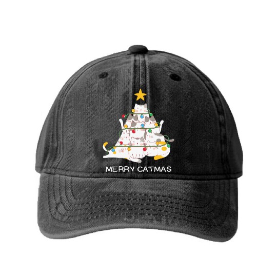 Meowy And Bright Christmas Tree Lights Funny Meowy Washed Denim Baseball Caps