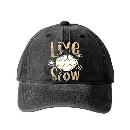Relax and Live Slow Sea Turtle Beachy Vacation Washed Denim Baseball Caps