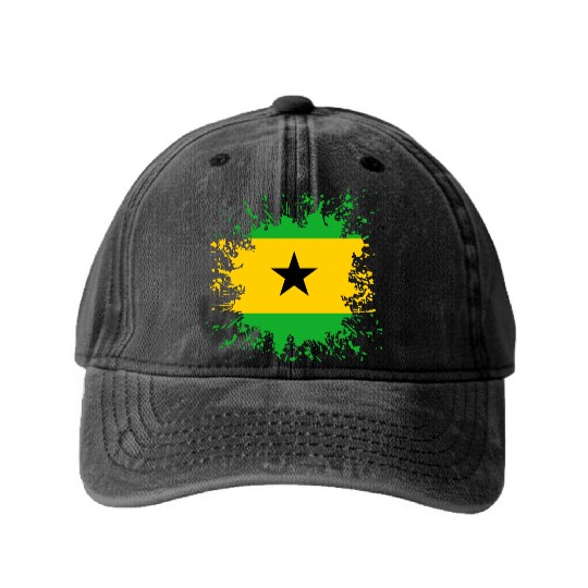 Sao Tome And Principe Flag Paint Splatter Washed Denim Baseball Caps