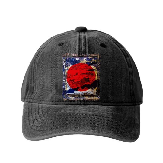 Japan Flag Red Circle Blue Mountain Collage Art 74 Washed Denim Baseball Caps
