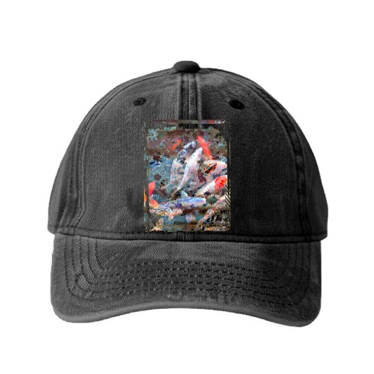 Japan Koi Fish Pond Collage Art 88 Washed Denim Baseball Caps