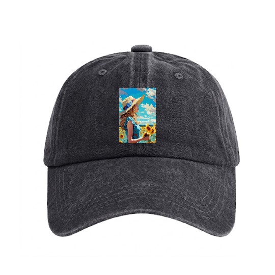 Sunflower girl summer Washed Denim Baseball Caps