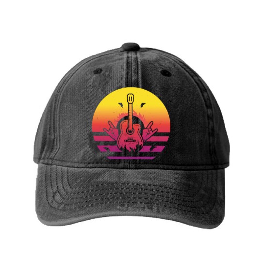 Rock and Roll Vaporwave Acoustic Guitar Guitarist Washed Denim Baseball Caps