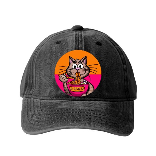 Colorful Ramen Cat Orange and Pink Washed Denim Baseball Caps