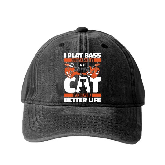 Bass Guitar Bassist Cat Washed Denim Baseball Caps