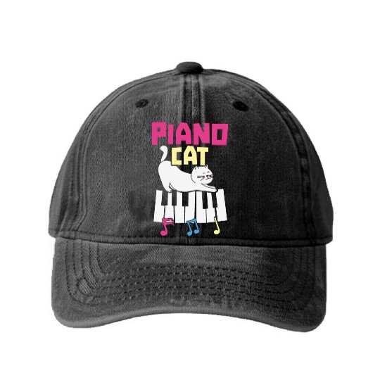 Piano Cat Musician Musical Instrument Pianist Washed Denim Baseball Caps