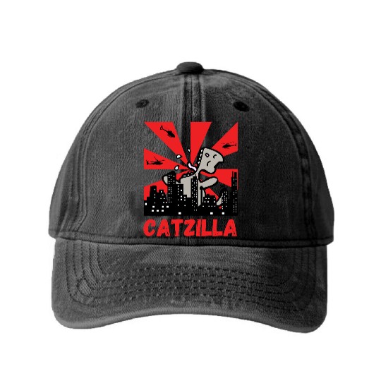 Catzilla funny cat Japanese Sunset Washed Denim Baseball Caps