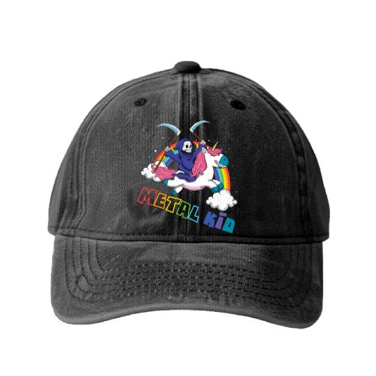 Metal Kid Music Unicorn Skeleton Rocker Rock Heavy Washed Denim Baseball Caps