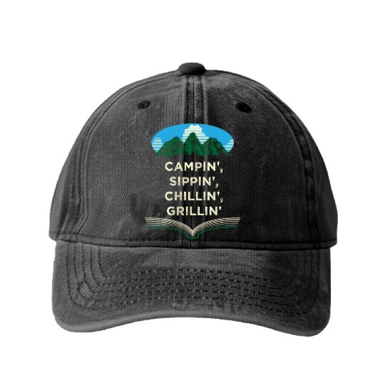 Campin Chillin Grillin Camping Food Camper Foodie Washed Denim Baseball Caps