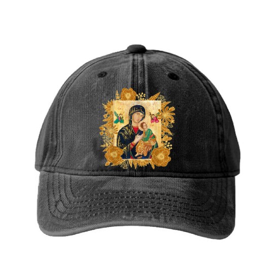 Our Lady of Perpetual Help Blessed Mother Mary Cat Washed Denim Baseball Caps