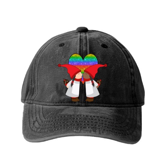 Biracial Lesbian Gnome Valentine Couple Mixed LGBT Washed Denim Baseball Caps