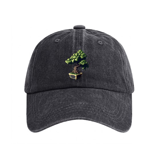 8 Bit Bonsai Tree Washed Denim Baseball Caps