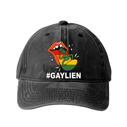 #GayLien Gay Alien Funny LGBT Pride Rainbow Color Washed Denim Baseball Caps
