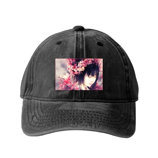 japan girl portrait sakura blossom Japan wallart Washed Denim Baseball Caps