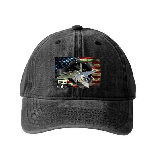 F 35 Lightning Air Force Military Veteran Pride US Washed Denim Baseball Caps