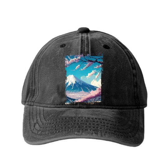 Japan Fuji Cherry Blossom Cherry Tree Washed Denim Baseball Caps