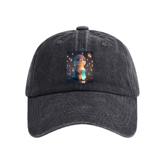 Kawaii Otter Pet Otter Drinking Boba Tea Washed Denim Baseball Caps