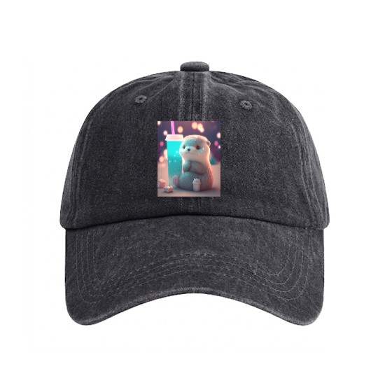 Kawaii Otter Pet Otter Drinking Boba Tea Washed Denim Baseball Caps