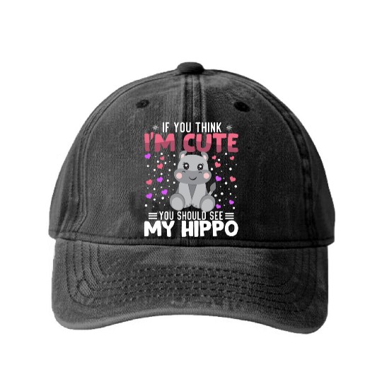 Hippo Heart Valentine's Day Animal For Womens Kids Washed Denim Baseball Caps