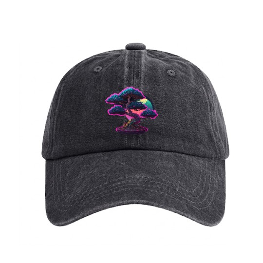 Synthwave Bonsai Tree Washed Denim Baseball Caps