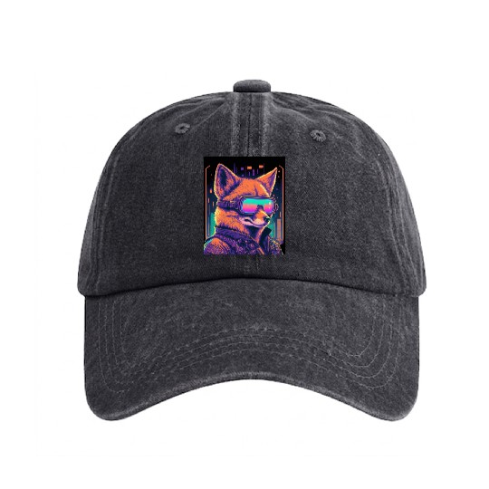 Retro Futuristic Synthwave Fox Washed Denim Baseball Caps