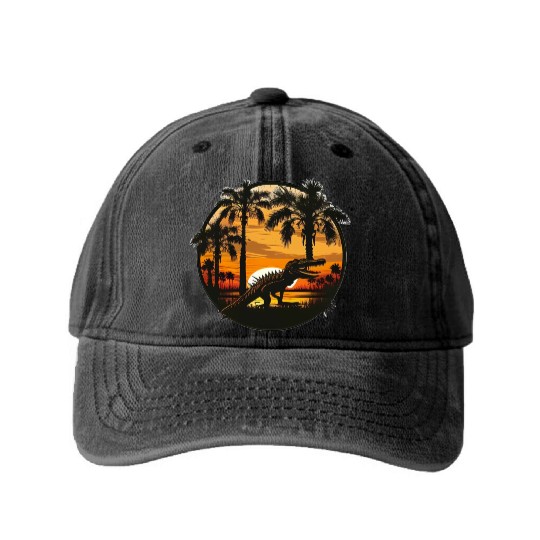 Florida Everglades Sunset Alligator and Palm Tree Washed Denim Baseball Caps