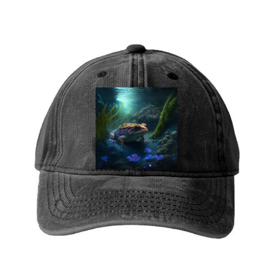A toad in a creek the toad has blue glowing eyes Washed Denim Baseball Caps