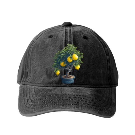 Lemon Bonsai Tree Washed Denim Baseball Caps