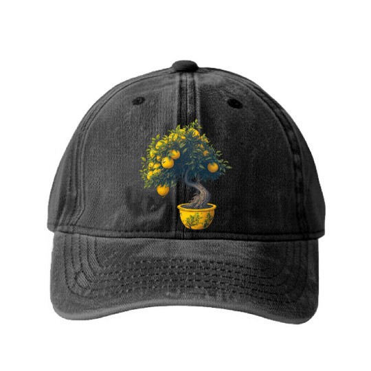 Lemon Bonsai Tree Washed Denim Baseball Caps