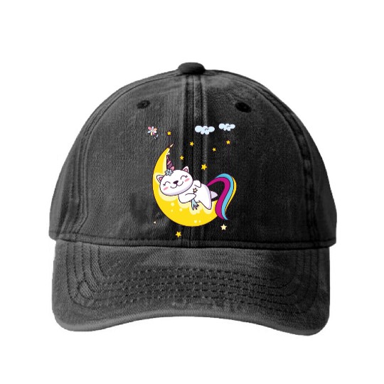 Unicorn pony cat on the moon, magic sleeping time Washed Denim Baseball Caps