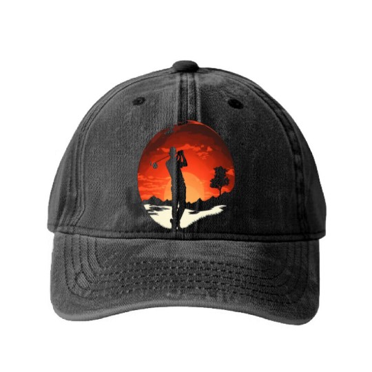Golf Course Family Trip Cool Golfer In Sunset Washed Denim Baseball Caps