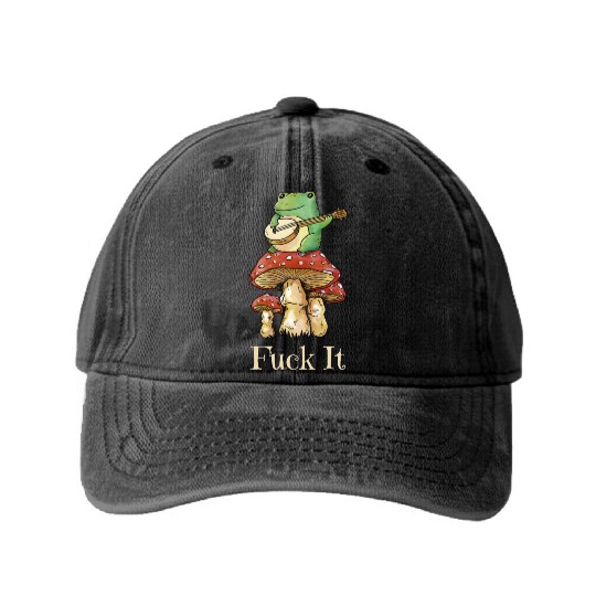 Cottagecore Frog Playing Guitar says Fuck It Washed Denim Baseball Caps